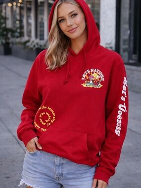 Brooklyn Cloth Red Graphic Pullover Hoodie with White Sleeve Script